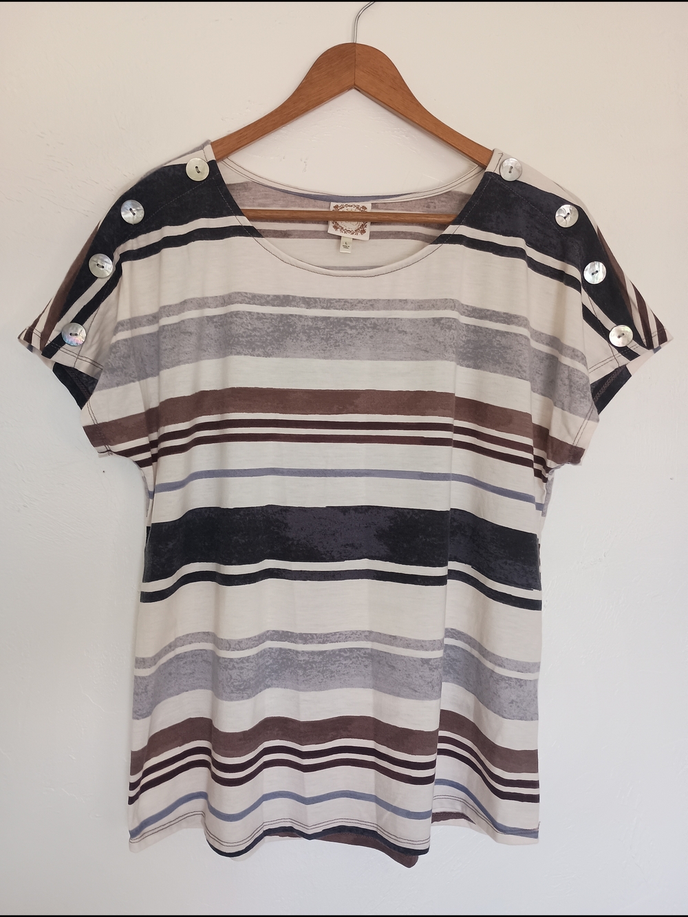 Truself Stripes Short Sleeve Blouse with Button Accents - Cream, Brown & Gray